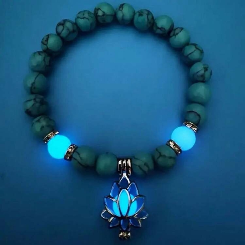 Turquoise Blue and White Beaded with Lotus Pendant glows in the dark